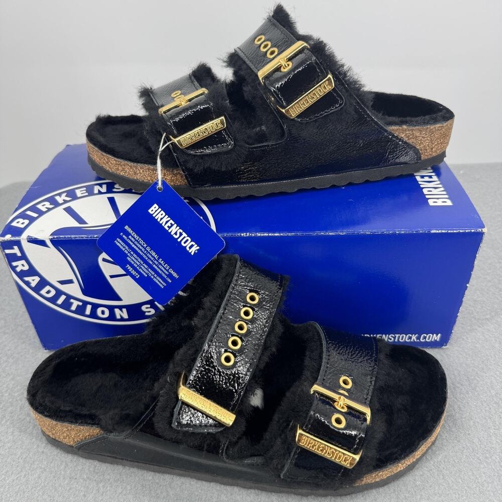 Birkenstock Arizona Shearling Eyelets Patent Leather Naplak Black 40 Narrow